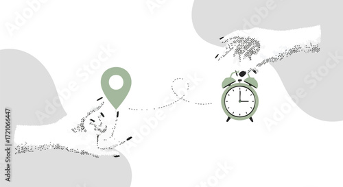 Conceptual illustration of hands interacting with a location pin and an alarm clock, symbolizing travel planning, time management, or scheduling a journey.