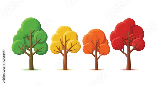 Illustration of four trees with different colored leaves, representing the changing seasons.