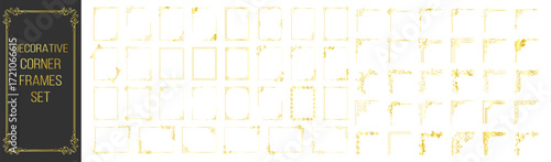 Decorative gold corner frames set. Vintage ornamental borders and elegant design elements for wedding or invitation. Vector collection on transparent background