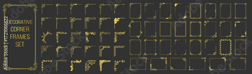 Golden ornamental label frames. Decorative vintage frames and retro borders. Wedding and museum picture ornaments. Vector set of elegant frames and design elements