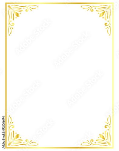 Decorative gold corner frame. Vintage ornamental border and elegant design element for wedding or invitation. Vector collection on transparent background