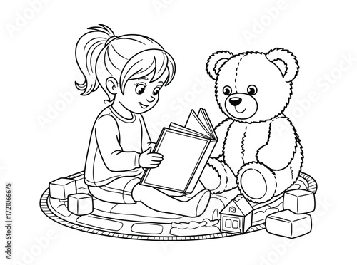 Charming black and white line art illustration of a little girl reading a book to her teddy bear