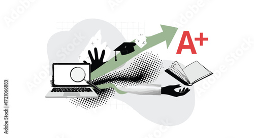 Illustration of online learning with laptop, book, graduation cap, hand, and A+ grade.