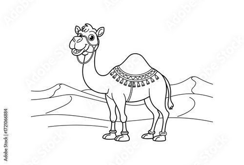 Dromedary Camel Outline Art Standing in the Desert with Dunes Backdrop