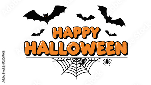 Spooky Halloween Celebration: An illustration showcasing bats, a spider web, spiders, and the iconic greeting, capturing the festive spirit. 