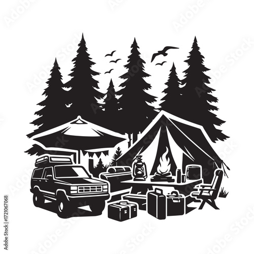Silhouette of a 4x4 vehicle and camping gear at a campsite with a tent and tall pine trees Keywords: camping, forest, 4x4, SUV, vehicle, tent, campfire, silhouette, nature, outdoor, adventure