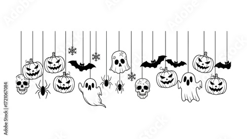 Spooky Halloween Decoration: A delightful, cartoonish garland of hanging Halloween decorations. Adorable illustrated elements of pumpkins, bats, ghosts, spider and skulls create a whimsical.
