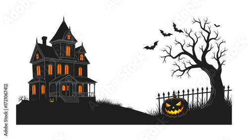 Spooky House & Halloween: A chilling illustration captures the essence of Halloween with a dark, eerie house, an ominous tree, and a grinning jack-o'-lantern against the backdrop of the night. 