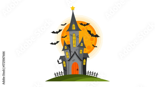 Spooky Castle Illustration: A chilling illustrated depiction of a haunted castle, silhouetted against a vibrant orange moon, with bats flitting around in a Halloween-themed scene.