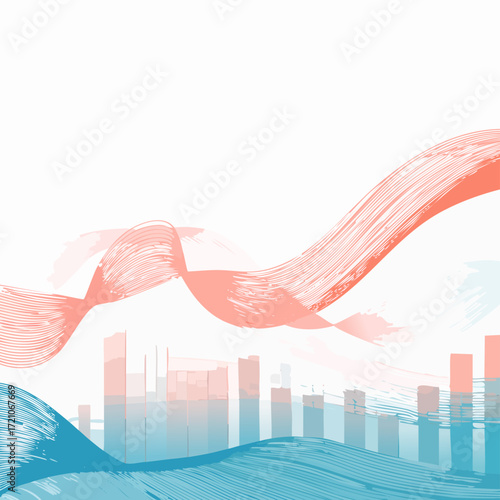 Geometric grid with bar graph silhouettes fading into abstract wave lines, dusty coral and aqua vector background with copy space