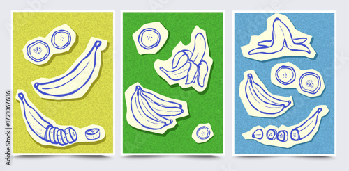 Modern abstract collage with banana, slices, banana peel . Colorful trendy contemporary posters. Cut out scraps of paper. Juicy Botanical background. Hand drawn vector graphics.
