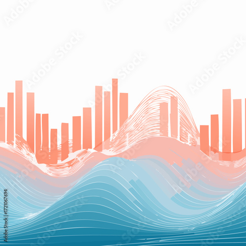 Geometric grid with bar graph silhouettes fading into abstract wave lines, dusty coral and aqua vector background with copy space