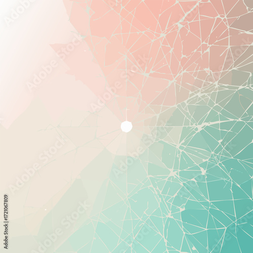 Vector illustration of abstract AI neural network circuit mesh with soft gradient glow, mint and dusty rose background, top-right copy space