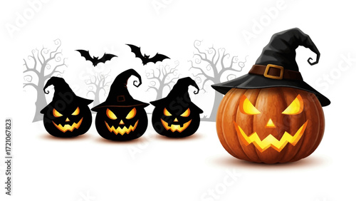 Spooky Pumpkins: A haunting scene with carved pumpkins, each illuminated from within, evoking the spirit of Halloween night. A hat and bat adds mystery.