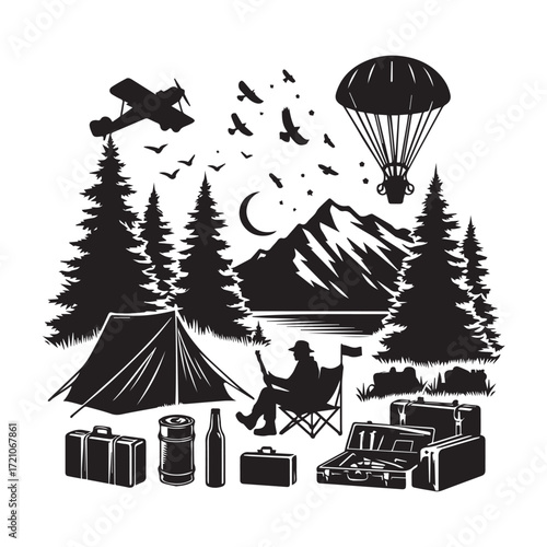 Silhouette of a camping scene with a tent, person, hot air balloon, and airplane in a mountainous landscape