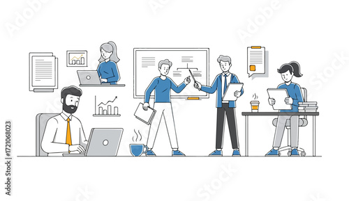 Office team members collaborating, presenting ideas, and working on laptops, in a modern, minimalist style.