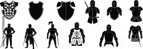 Medieval Knight Armor and Shield Vector Silhouettes: Historical Weaponry, Ancient Warfare Equipment, Valiant Warrior Gear, Heraldry