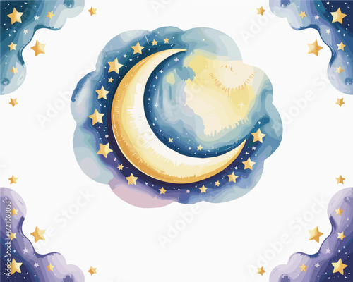 Crescent Moon Dreamscape Whimsical Night Sky with Stars and Clouds Illustration