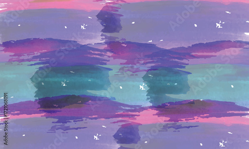 Watercolor horizon in violet, pink, and blue evokes a celestial yet tranquil scene