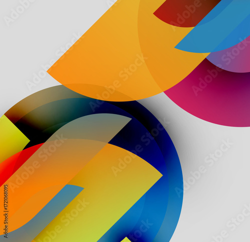 Abstract composition. Overlapping colorful shapes create dynamic visual effect. Bright hues blend, forming modern design.