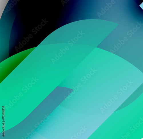 Abstract gradients, flowing shapes, turquoise hues dominate composition. Minimalist design evokes movement, depth. Smooth transitions create visual interest.
