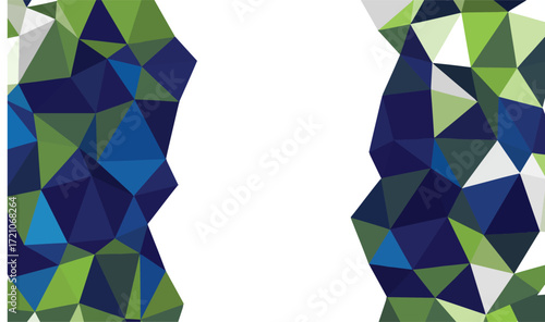 Blue and green geometric triangles form abstract borders against a transparent backdrop