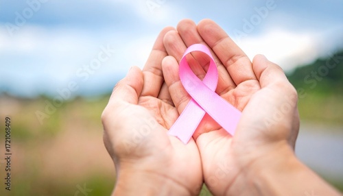 A Person Holding a Pink Ribbon in Cupped Hands, a Symbol of Support for Breast Cancer Awareness