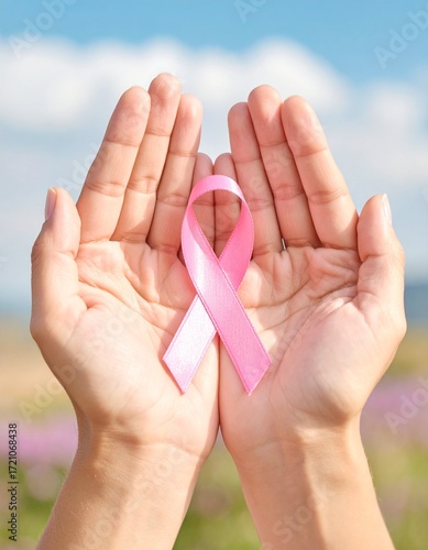 A Person Holding a Pink Ribbon in Hands, a Symbol of Support for Breast Cancer Awareness with Sky View