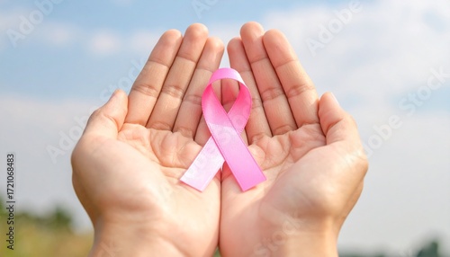  A Person Holding a Pink Ribbon in Cupped Hands, a Symbol of Support for Breast Cancer Awareness