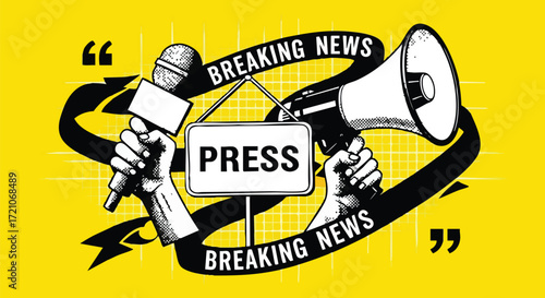 Illustration of a microphone and a megaphone with "PRESS" and "BREAKING NEWS" text, symbolizing journalism and news dissemination.