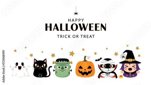 Spooky Celebrations: An enchanting ensemble of iconic Halloween characters, like a pumpkin, a witch and more. perfectly captured in a fun illustration.