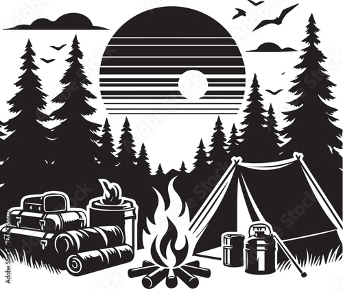 Silhouette of a campsite with a tent, campfire, sleeping bags, and luggage against a backdrop of trees and a stylized sun