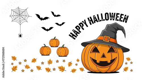 Happy Halloween Festivity: A spirited and cartoonish illustration depicts the enchanting essence of Halloween, featuring a carved pumpkin donned with a witch's hat, accompanied by cheerful pumpkins.