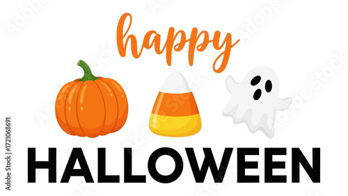 Festive Halloween Scene: A vibrant graphic of a Halloween-themed illustration with cheerful pumpkin, candy corn, and a friendly ghost, spreading joy and anticipation for the holiday.
