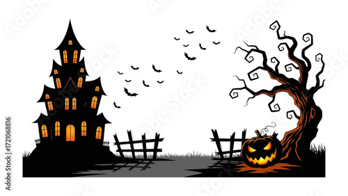 Halloween Spooktacular: A silhouetted haunted house with glowing windows stands amidst a spooky, nightmarish landscape, where gnarled trees, grinning pumpkins, and bats take flight.