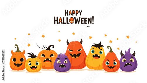 Halloween Gathering of Spooky Figures: Adorable cartoonish characters, including jack-o'-lanterns, monsters, and playful creatures, celebrate the spirit of Halloween against a festive backdrop. 