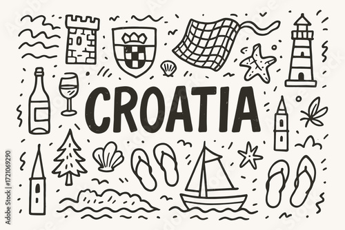 Croatia travel icon set in outline style featuring landmarks and nature elements