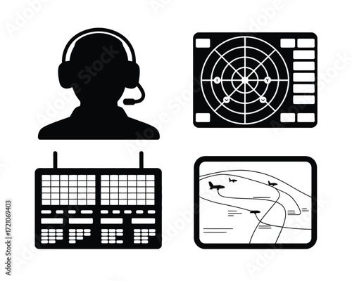 Air traffic control icons showing operator radar and flight paths headset radar screen