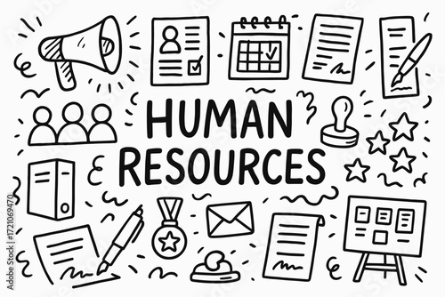 Human resources doodle icon set. office, management, hr, employment outline collection
