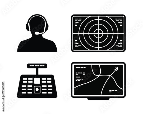 Air traffic control icons person radar console flight display silhouette headset