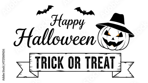 Halloween Greeting Card: A festive Halloween greeting, adorned with classic imagery. Features a grinning pumpkin wearing a hat, accompanied by two bats, and the traditional phrase Trick or Treat.