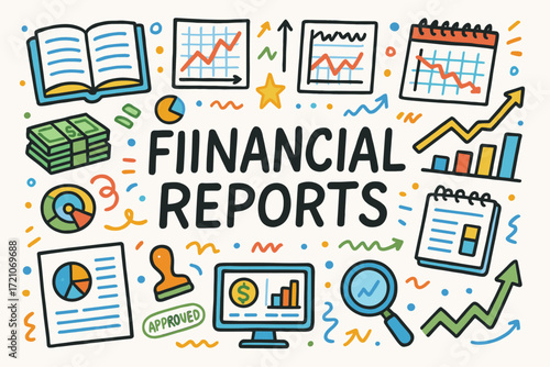Finance and business doodle icon set. financial strategy, reports outline collection