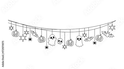 Festive Halloween Banner Silhouette: A whimsical banner, adorned with charming spooky-themed ornaments in black and white, ready to bring a festive touch to any project or design.