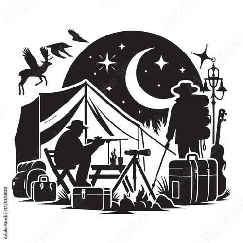 Silhouette of a night campsite with a crescent moon, stars, and campers camping tent