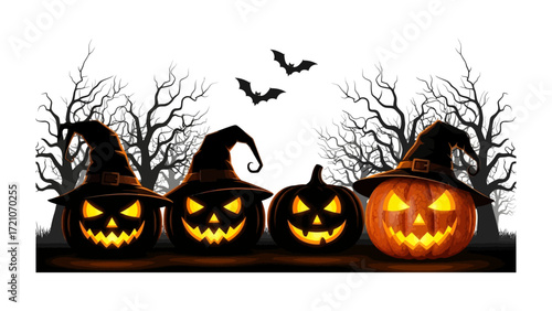 Spooky Halloween Pumpkins: A captivating illustration of four jack-o'-lanterns, each with a unique carved expression, donning witch hats, with silhouetted trees and bats against a dusky backdrop.