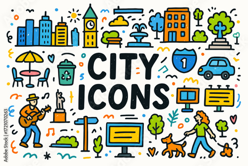 City life, urban exploration icon set. vibrant flat style cityscape, outdoor icons.