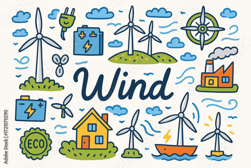 Wind energy flat icon set. renewable power and eco-friendly symbols collection