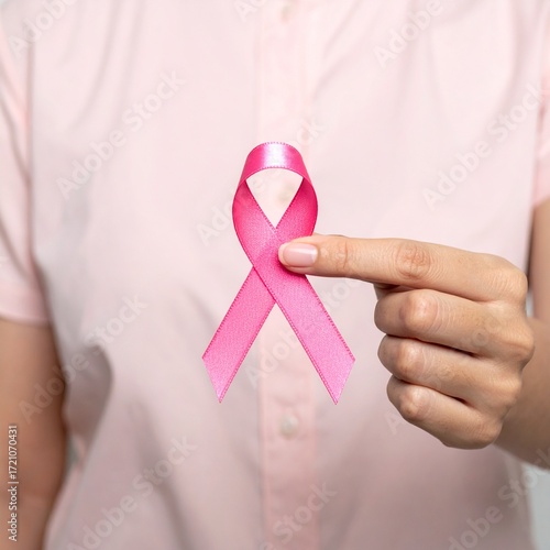 A woman Holding a Pink Ribbon, a Symbol of Support for Breast Cancer Awareness