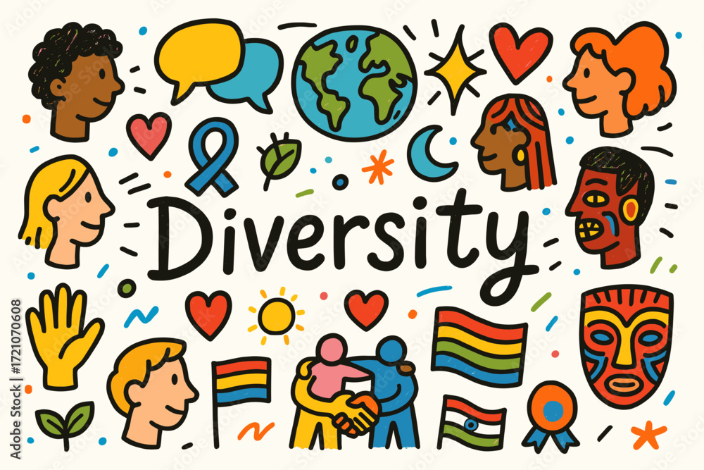 Fototapeta premium Diversity and inclusion flat icon set. embrace unity with cultural symbols