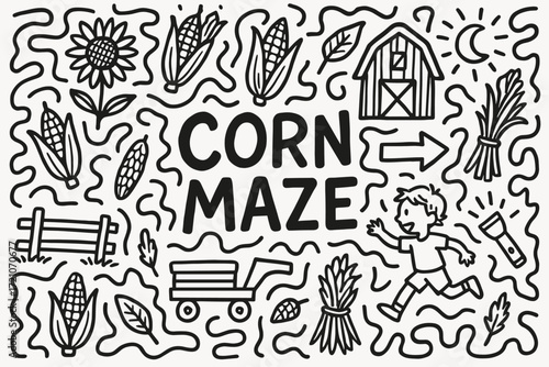 Corn maze outline icon set. autumn, farm, and harvest line illustrations collection.